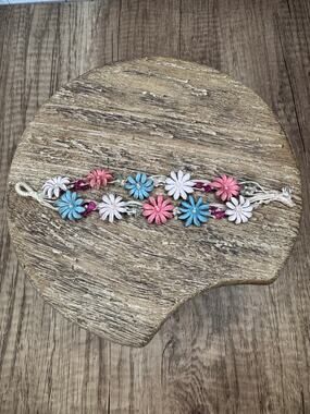 Handmade Genuine Leather Pink Blue White Flower Bracelet Beads Summer Bracelet